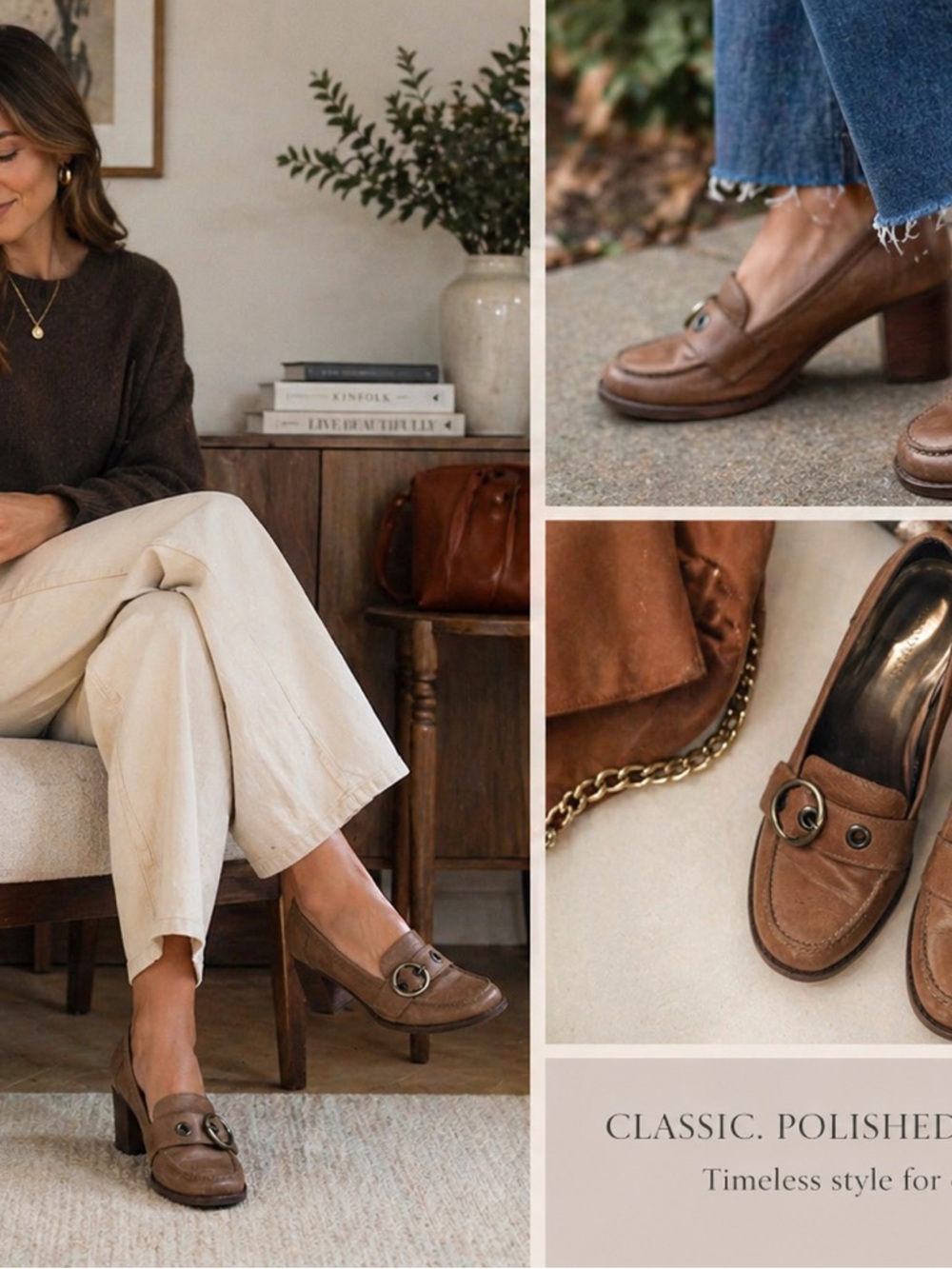 Nine West Loafer Heels 10M Brown Felannie Leather Ring Buckle Block Heel Pumps